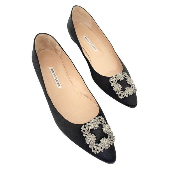 Manolo Blahnik Shoes - Manolo Blahnik HANGISI Black Satin Crystal Buckle Jeweled Bridal Wedding Carrie